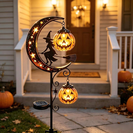 Halloween Solar Garden Stake Light, Witch Crescent Moon Pumpkin Lantern, Metal Outdoor Yard Decor