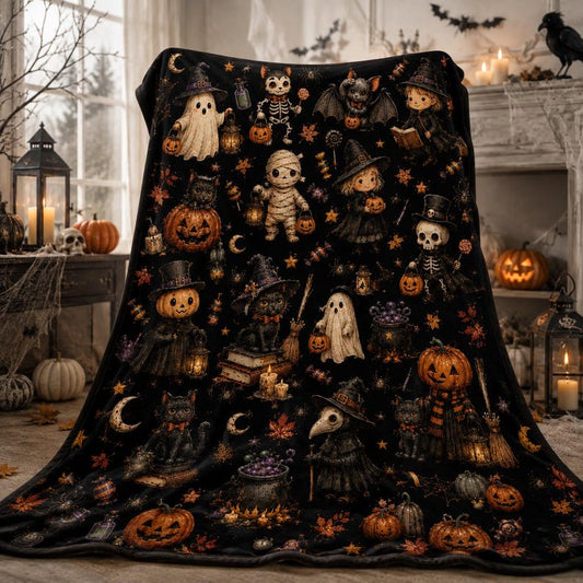 Vintage Halloween Blanket Spooky Cute Velveteen Plush Throw Ghost Witch Skeleton Pumpkin Black Cat Cozy Halloween Home Decor