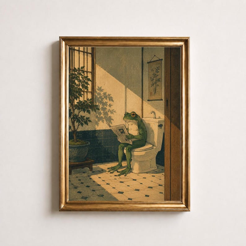 Frog on Toilet Wall Art, Funny Bathroom Print, Frog Reading Newspaper Poster, Japanese Ukiyo-e Art, Vintage Bathroom Decor, Funny Gift