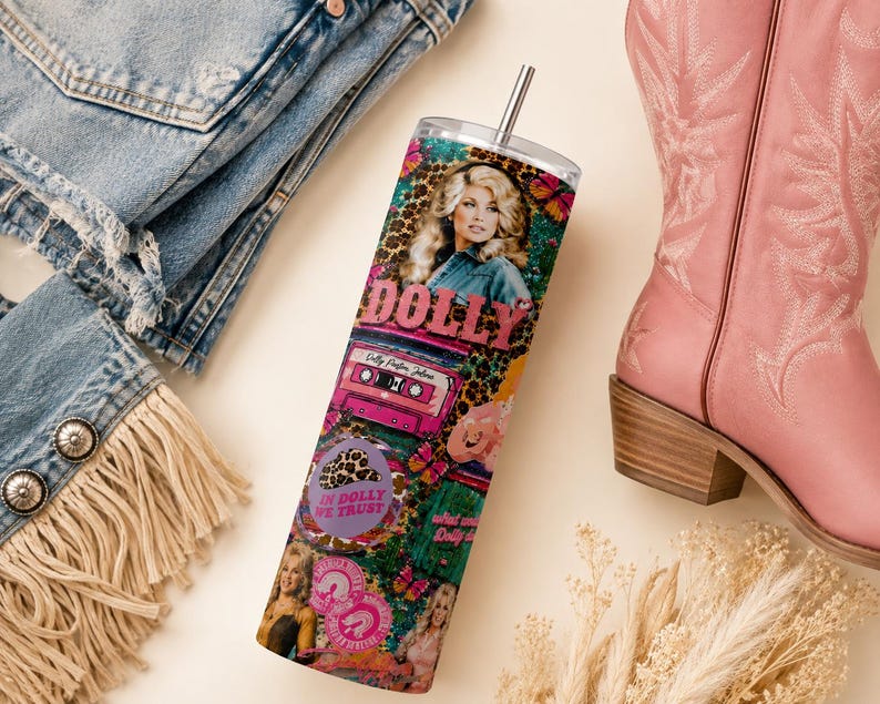 Dolly Parton 20oz Skinny Tumbler, Pink Country Music Lover Gift (Sublimation Design)