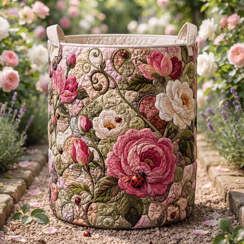 Pink Peony Ladybug Quilted Laundry Basket: Botanical Rose Garden Storage Bin, Cottagecore Floral Fabric Hamper