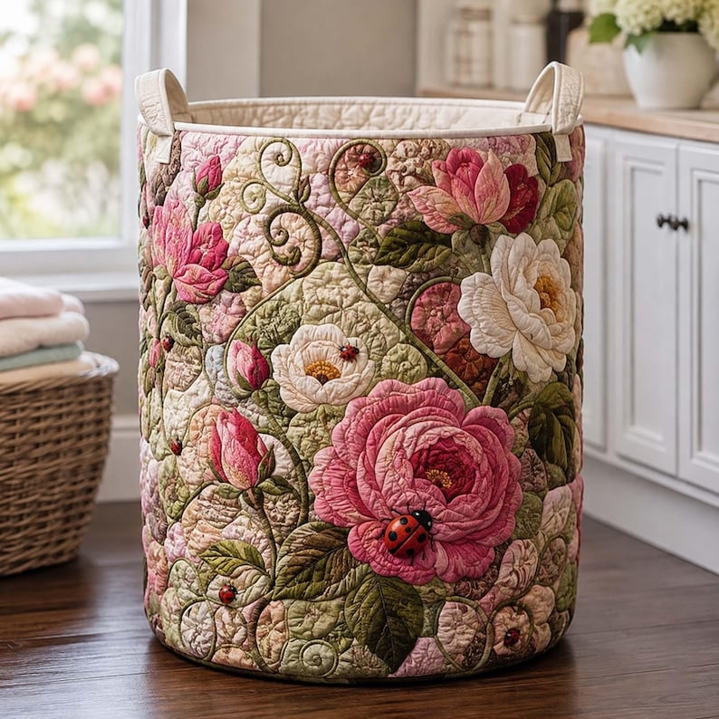 Pink Peony Ladybug Quilted Laundry Basket: Botanical Rose Garden Storage Bin, Cottagecore Floral Fabric Hamper
