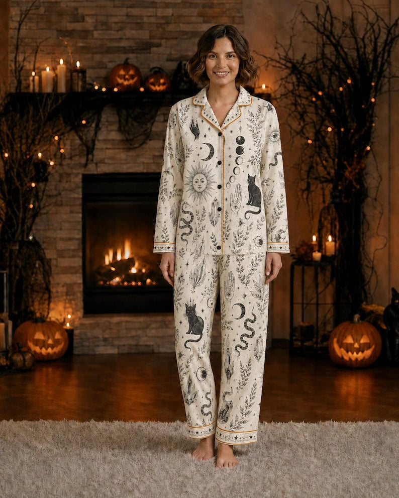 Witchy Pajama Set for Women, Celestial Occult Print Satin PJs, Black Cat Moon Sleepwear, Mystic Gothic Lounge Set Gift