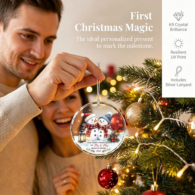Mr and Mrs Christmas Ornament, Personalized Couple Xmas Ornament, Snowman Couple Bauble, Our First Christmas Married Keepsake, Wedding Gift