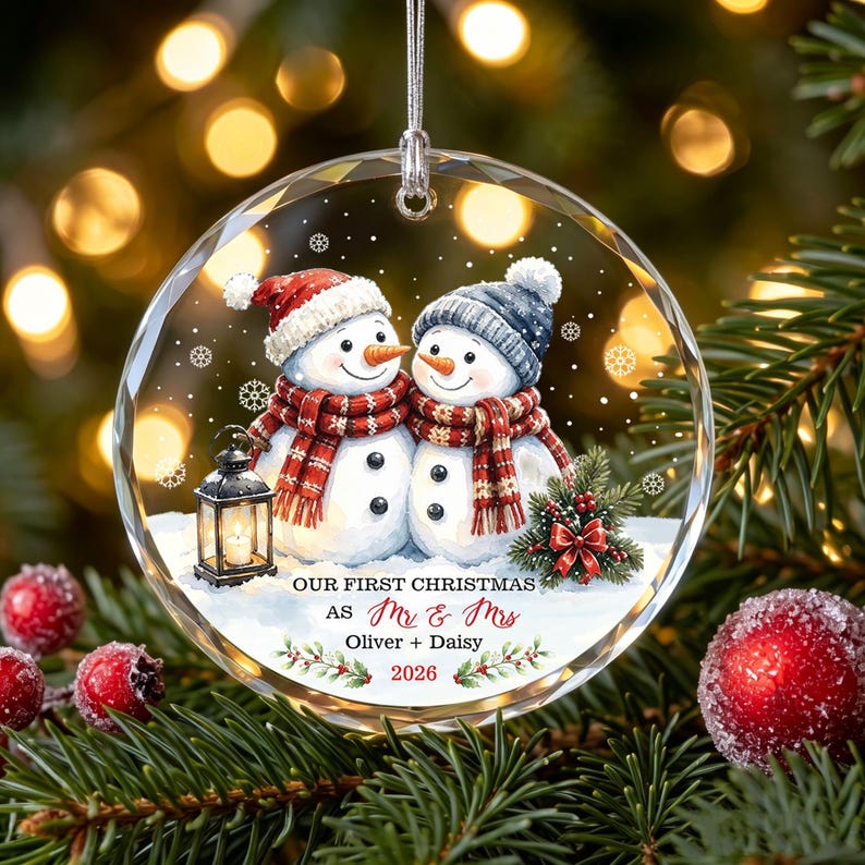 Mr and Mrs Christmas Ornament, Personalized Couple Xmas Ornament, Snowman Couple Bauble, Our First Christmas Married Keepsake, Wedding Gift