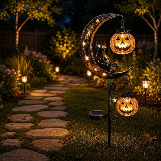 Solar Halloween Pumpkin Moon Skeleton Garden Stake Light – Spooky Outdoor Yard Decoration