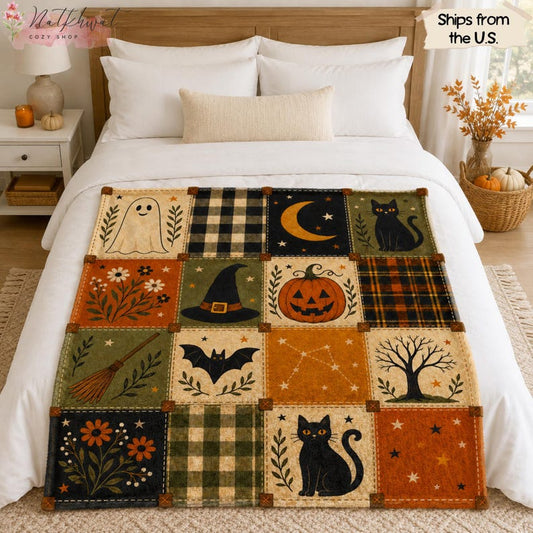 Vintage Halloween Flannel Blanket, Patchwork Ghost Black Cat Pumpkin Throw, Witch Hat Bat Fall Decor, Cozy Cottagecore Spooky Autumn Gift