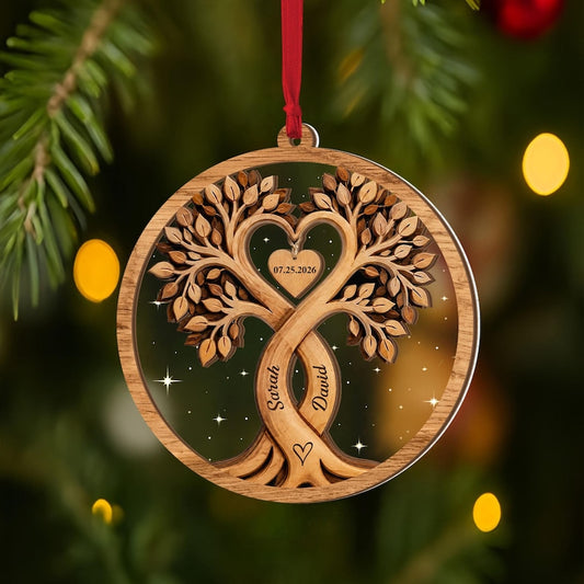 Personalized Engraved Couple Heart Tree Ornament, Custom Couple Christmas Gift,Wedding Anniversary Gift, Rustic Wedding Gift,Engaged Present