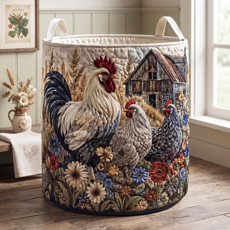 Rustic Farmhouse Rooster Quilted Laundry Basket: Country Barn Hen Storage Bin, Vintage Farmyard Fabric Hamper