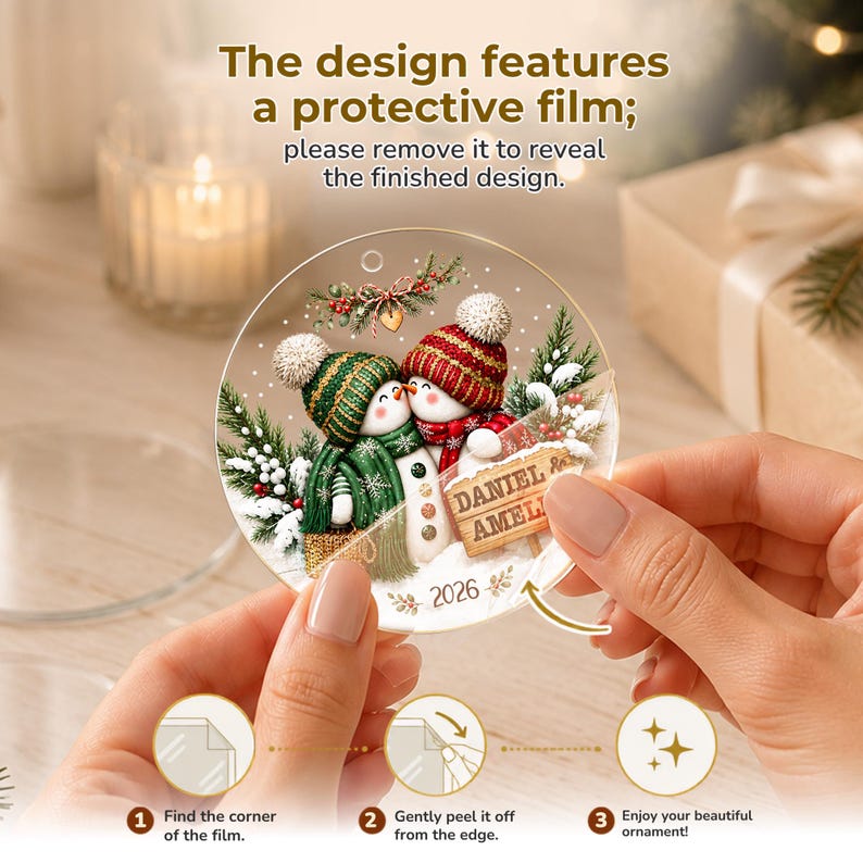 Personalized Couple Christmas Glass Ornament, Snowman Kissing Keepsake