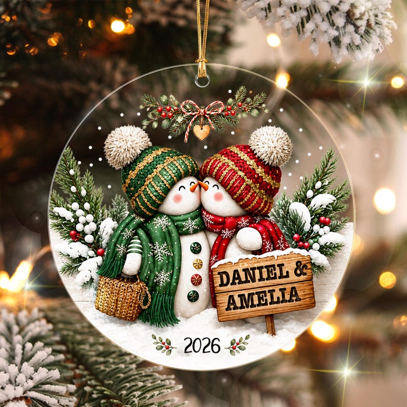 Personalized Couple Christmas Glass Ornament, Snowman Kissing Keepsake