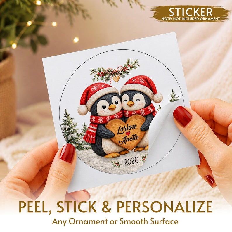 Personalized Christmas Together Keepsake, Custom Penguin Couple Name Circle Glass Ornament