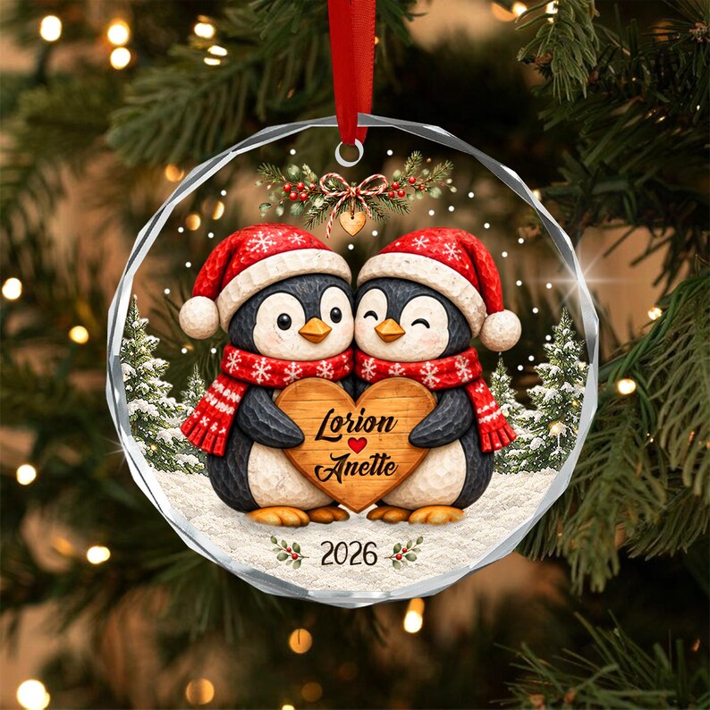 Personalized Christmas Together Keepsake, Custom Penguin Couple Name Circle Glass Ornament