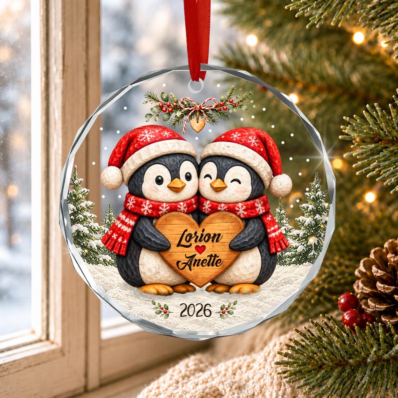 Personalized Christmas Together Keepsake, Custom Penguin Couple Name Circle Glass Ornament