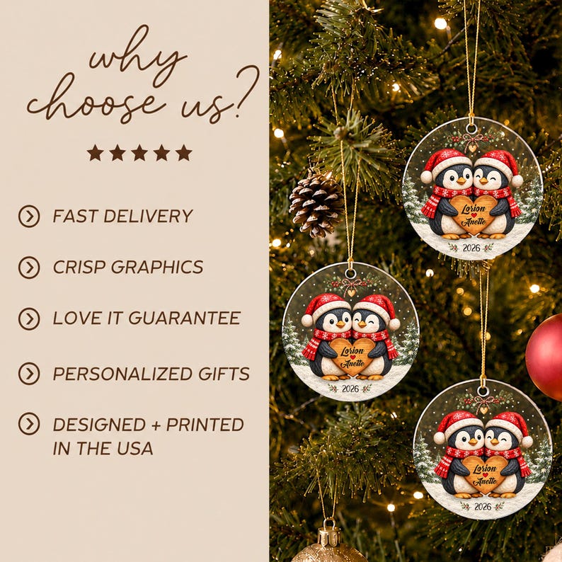 Personalized Christmas Together Keepsake, Custom Penguin Couple Name Circle Glass Ornament