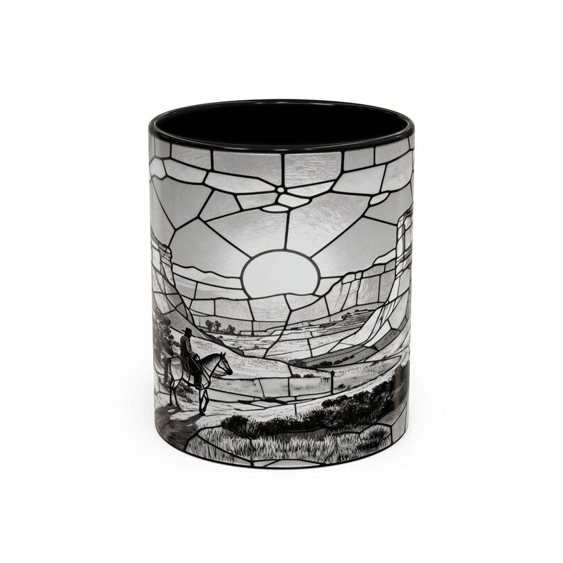 Western Sunset Mug, Cowboy Stained Glass Mug, Rustic Desert Coffee Mug, Southwestern Horse Rider Gift, Monochrome Landscape Mug