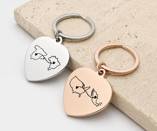 Heart Map Keychain • Long Distance Gift • Stainless Steel Couple Keychain
