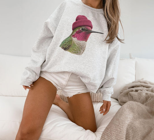 Retro 90's Anna's Hummingbird Wearing Beanie - Vintage Birdwatching Birding Unisex Sweatshirt