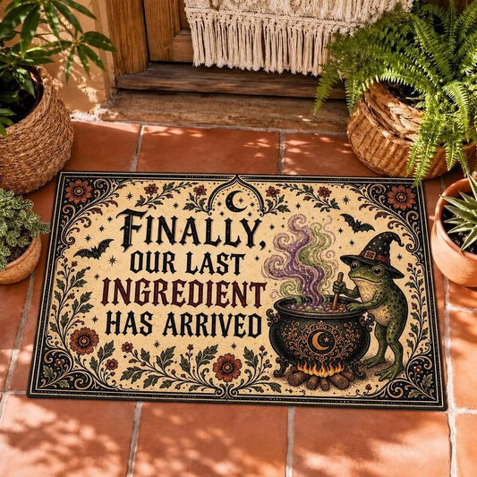 Halloween Frog Doormat, Witch Cauldron Illustration with Gothic Floral Border