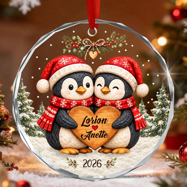 Personalized Christmas Together Keepsake, Custom Penguin Couple Name Circle Glass Ornament
