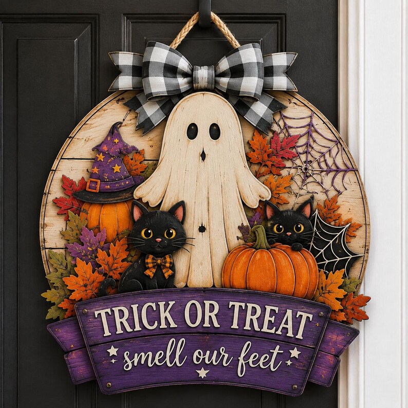 Halloween Wood Sign, Trick Or Treat Smell Our Feet, Ghost Cat Pumpkin Porch Decor, Spooky Fall Door Hanger, Custom Halloween Gift