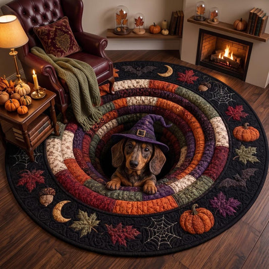 3D Dachshund Halloween Round Rug, Cute Witch Dog Optical Illusion Carpet, Spooky Fall Quilted Floor Mat, Wiener Dog Halloween Decor Gift