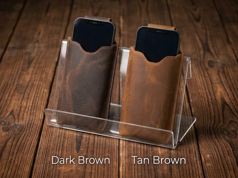 100% Genuine Leather Phone Holster, Buffalo Leather Belt Pouch, Vertical Smartphone Belt Case, Everyday Carry Sleeve, Rugged Phone Holder