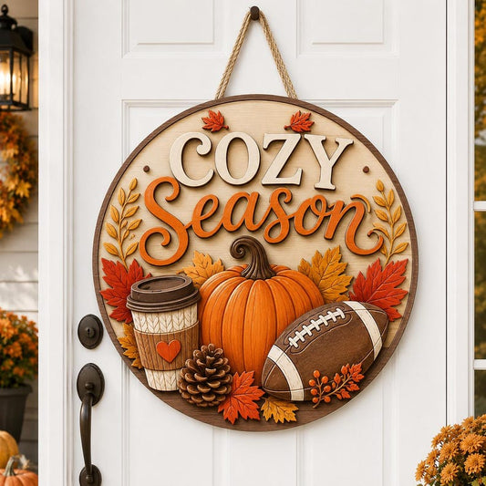 Cozy Season Wood Sign, Fall Football Door Hanger, Pumpkin Coffee Porch Decor, Autumn Farmhouse Wall Art, Thanksgiving Sports Fan Gift