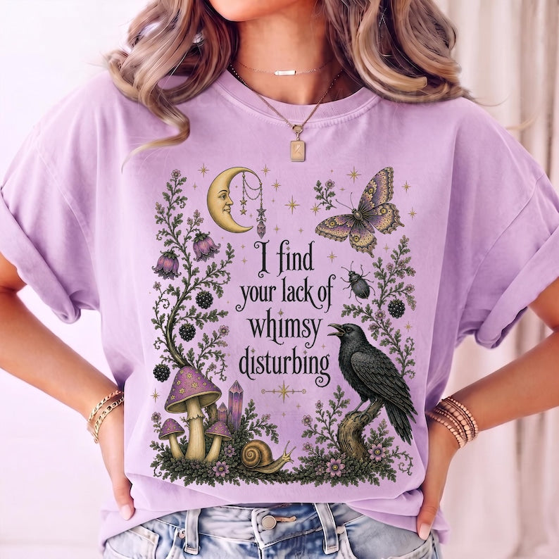 Comfort Colors Lack of Whimsy Crow Shirt, Witchy Autumn Tee, Celestial Moth Halloween Gift Women