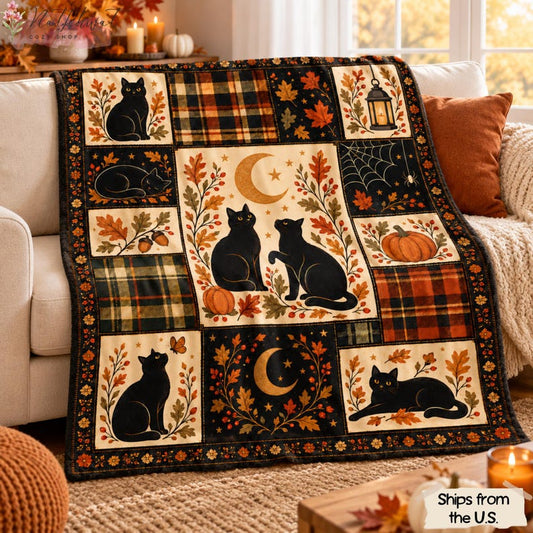 Black Cat Halloween Flannel Blanket,Vintage Fall Patchwork Throw,Pumpkin Moon Plaid Blanket,Spooky Autumn Cottagecore Decor,Cat Lover Gift
