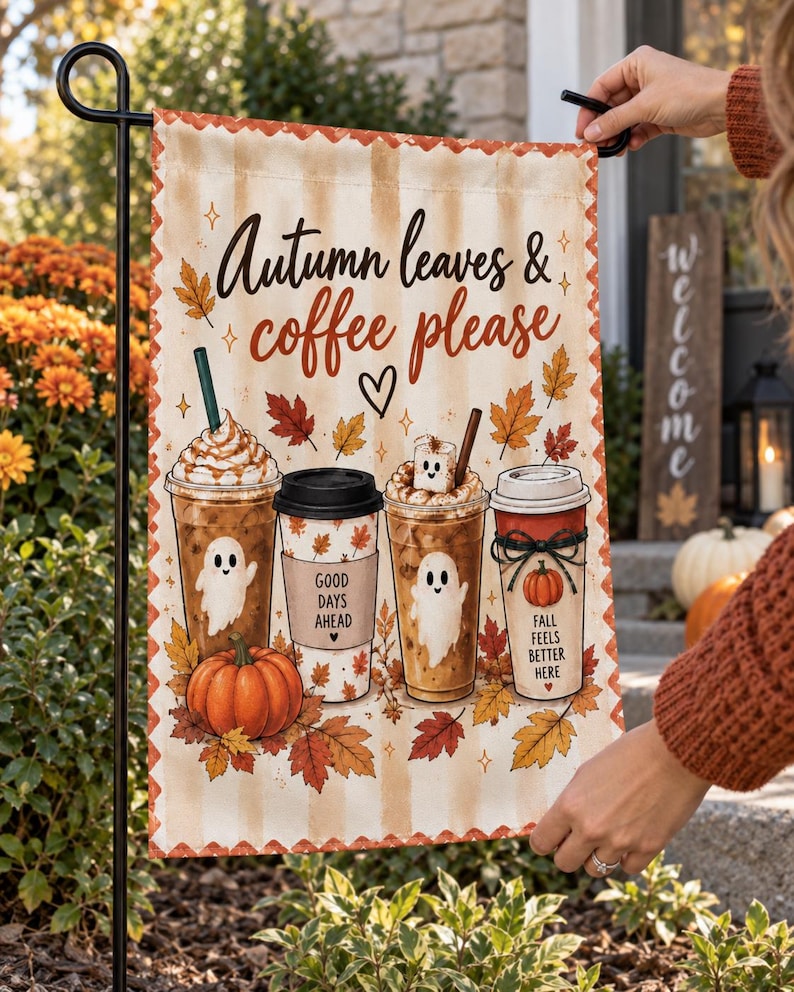 Fall Garden Flag, Autumn Coffee Please, Ghost Pumpkin Yard Decor, Polyester Flag
