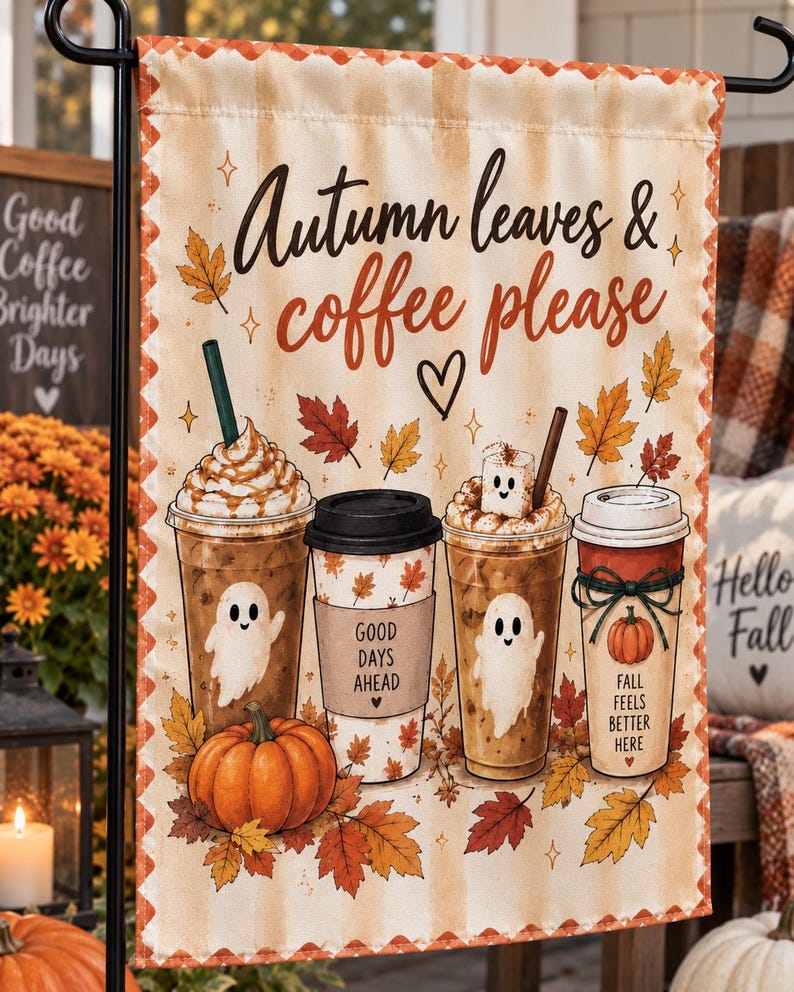 Fall Garden Flag, Autumn Coffee Please, Ghost Pumpkin Yard Decor, Polyester Flag
