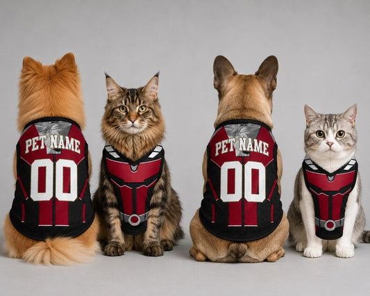 Custom Pet Superhero Jersey, Personalized Outfit for Dogs Cats, Inspired Ant-man Avengers Pet Mess Jersey Name Number Sportswear Pet Jersey