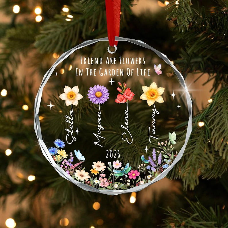 Personalized Friend Glass Ornament, Wildflower Friendship Keepsake