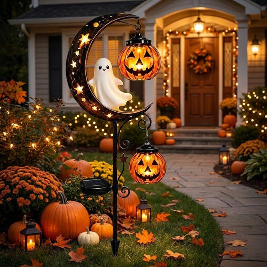 Solar Halloween Garden Stake, Pumpkin Moon Light, Outdoor Yard Decor