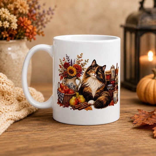 Autumn Calico Cat Mug, Cottagecore Harvest Ceramic Coffee Cup, Fall Botanical Design