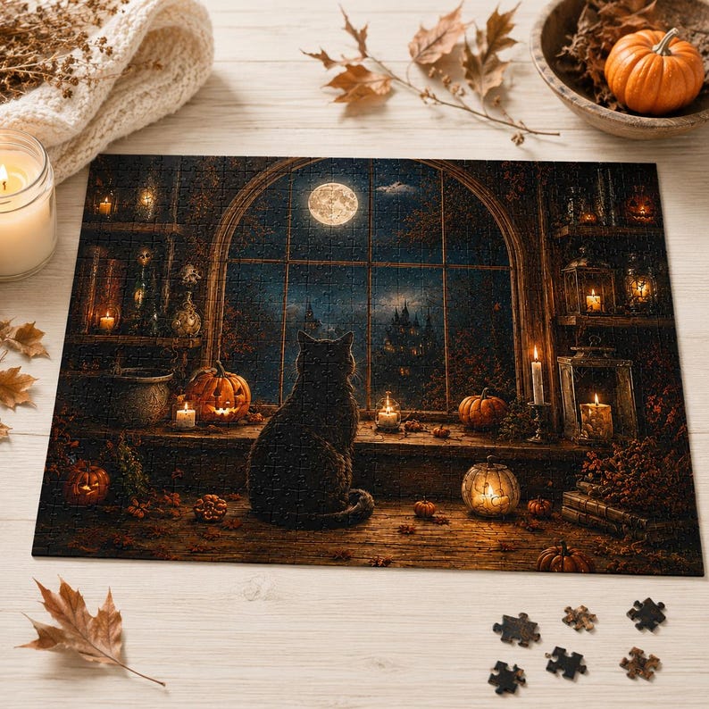Black Cat Halloween Puzzle Cozy Fall Puzzle for Adults Gothic Halloween Decor Spooky Autumn Gift Cat Lover Jigsaw Puzzle
