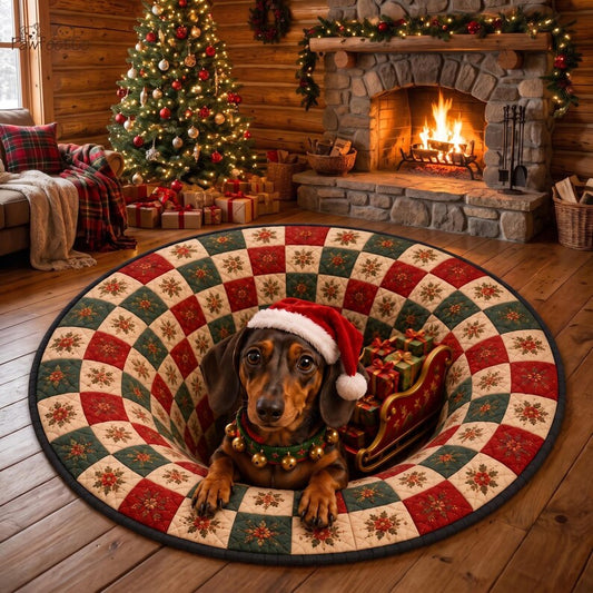 3D Dachshund Christmas Rug, Quilted Optical Illusion Round Area Rug, Xmas Dog Lover Floor Mat, Cozy Holiday Living Room Decor, Gift