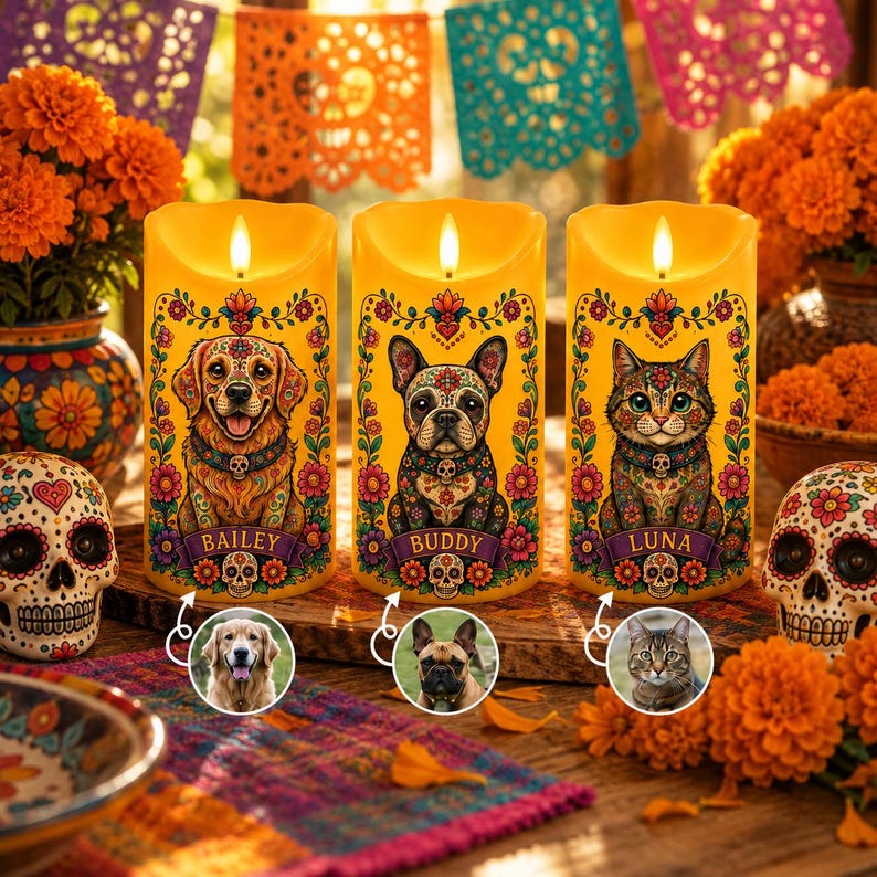 Personalized Pet Loss Candle, Custom Dog Memorial LED Candle, Sugar Skull Day of Dead Decor