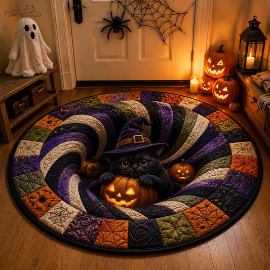 3D Halloween Black Cat Round Rug, Cute Witch Cat Optical Illusion Carpet, Spooky Pumpkin Quilted Floor Mat, Fall Decor Cat Lover Gift