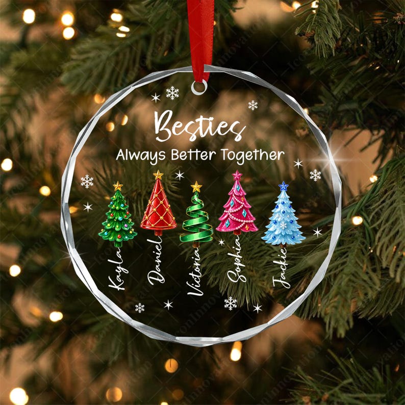 Personalized Friend Christmas Ornament, Besties Always Better Together Circle Glass Ornament