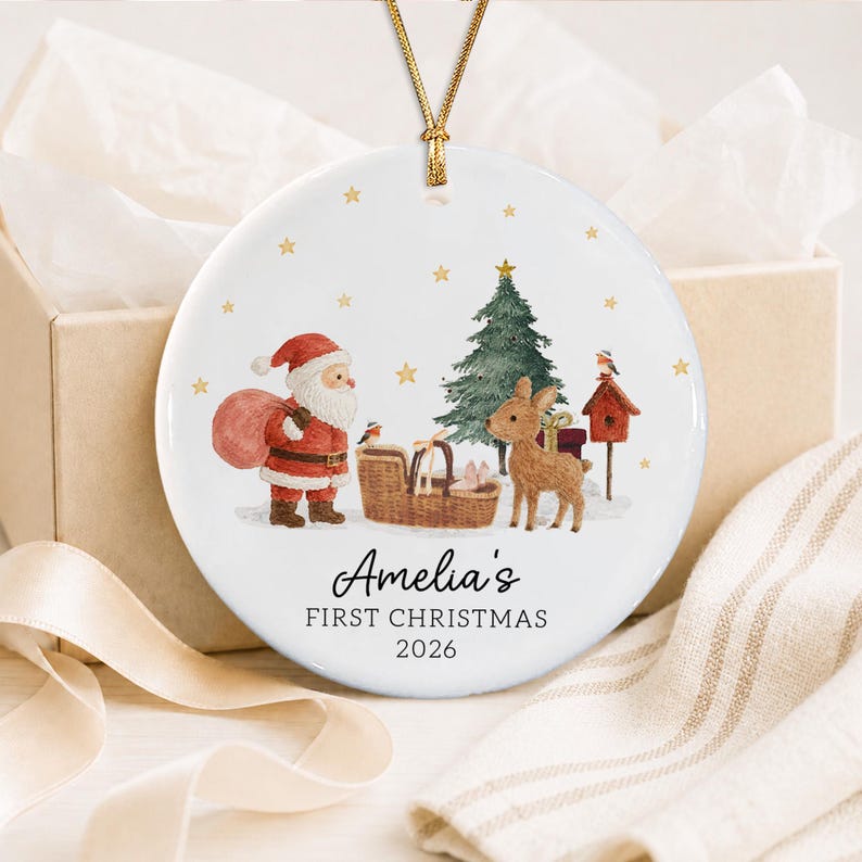 Personalized Baby's First Christmas Ornament, Santa Reindeer with Newborn Basket Circle Ceramic