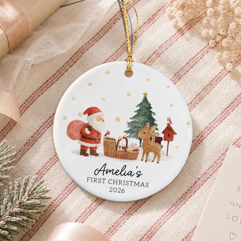 Personalized Baby's First Christmas Ornament, Santa Reindeer with Newborn Basket Circle Ceramic