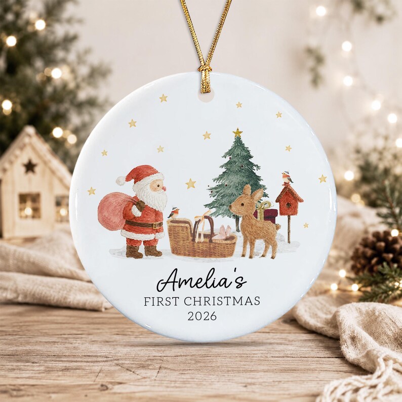 Personalized Baby's First Christmas Ornament, Santa Reindeer with Newborn Basket Circle Ceramic