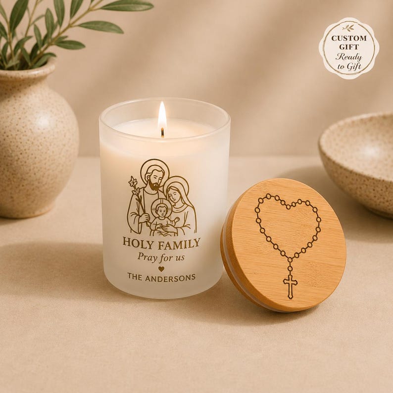 Personalized Catholic Candle, Bible Verse Candle, Catholic Gift, First Communion Gift, Prayer Candle, Engraved Bamboo Lid
