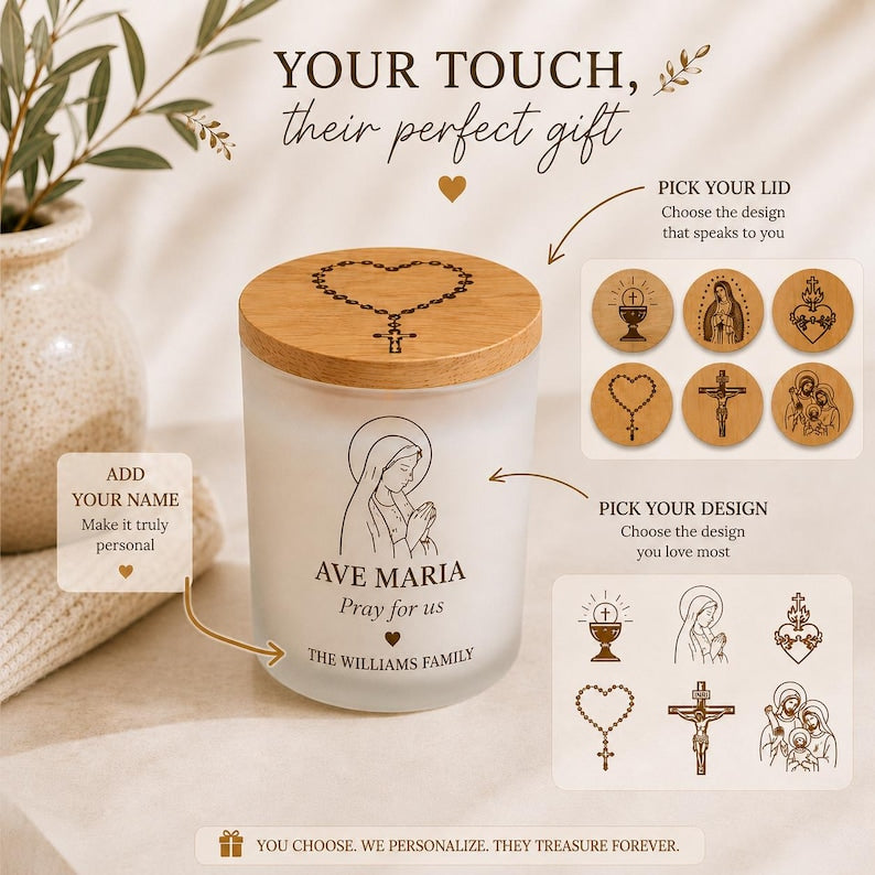 Personalized Catholic Candle, Bible Verse Candle, Catholic Gift, First Communion Gift, Prayer Candle, Engraved Bamboo Lid