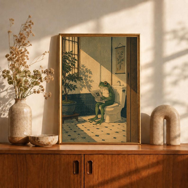 Frog on Toilet Wall Art, Funny Bathroom Print, Frog Reading Newspaper Poster, Japanese Ukiyo-e Art, Vintage Bathroom Decor, Funny Gift
