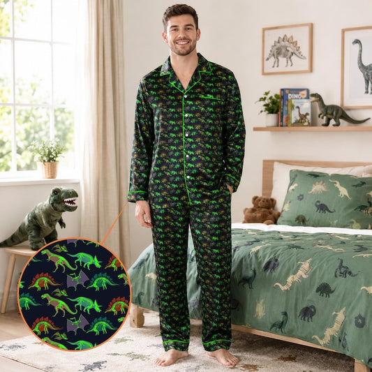 Mens Dinosaur Pajamas, Neon Dinosaur Satin Pajama Set, Colorful Dino PJs, Long Sleeve Long Pants Sleepwear Gift
