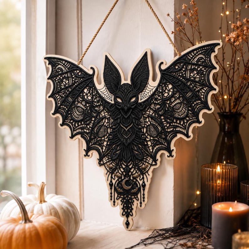 Gothic Bat Door Hanger, Halloween Wooden Sign, Spooky Bat Wall Decor, Witchy Home Decor, Gothic Halloween Decor, Front Door Decoration