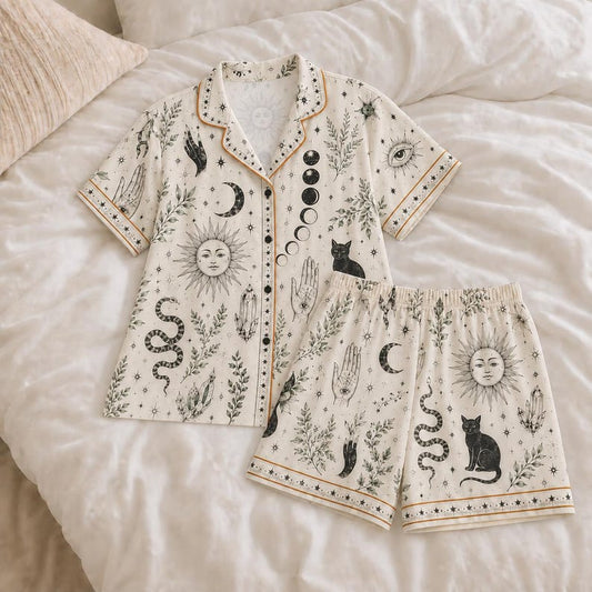 Witchy Pajama Set for Women, Celestial Occult Print Satin PJs, Black Cat Moon Sleepwear, Mystic Gothic Lounge Set Gift